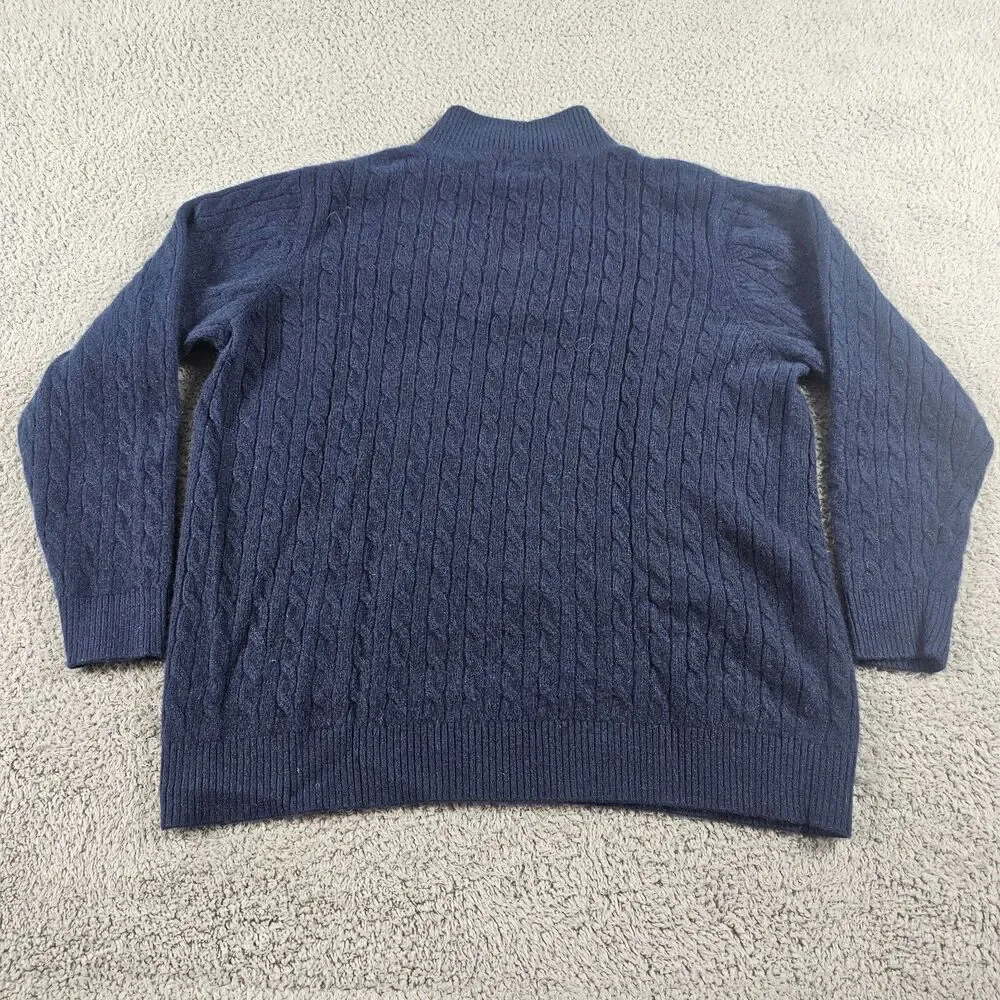 LL Bean Sweater Mens 2XL Blue 100% Cashmere Cable Knit 1/4 Zip Pullover Soft